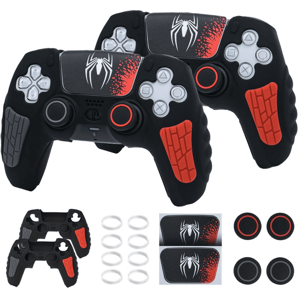 Funda para mando de PS5, funda de silicona antideslizante compatible con el mando de PS5, con tapones para el pulgar, protectores para el joystick y pegatina envolvente (2 packs)-Negro