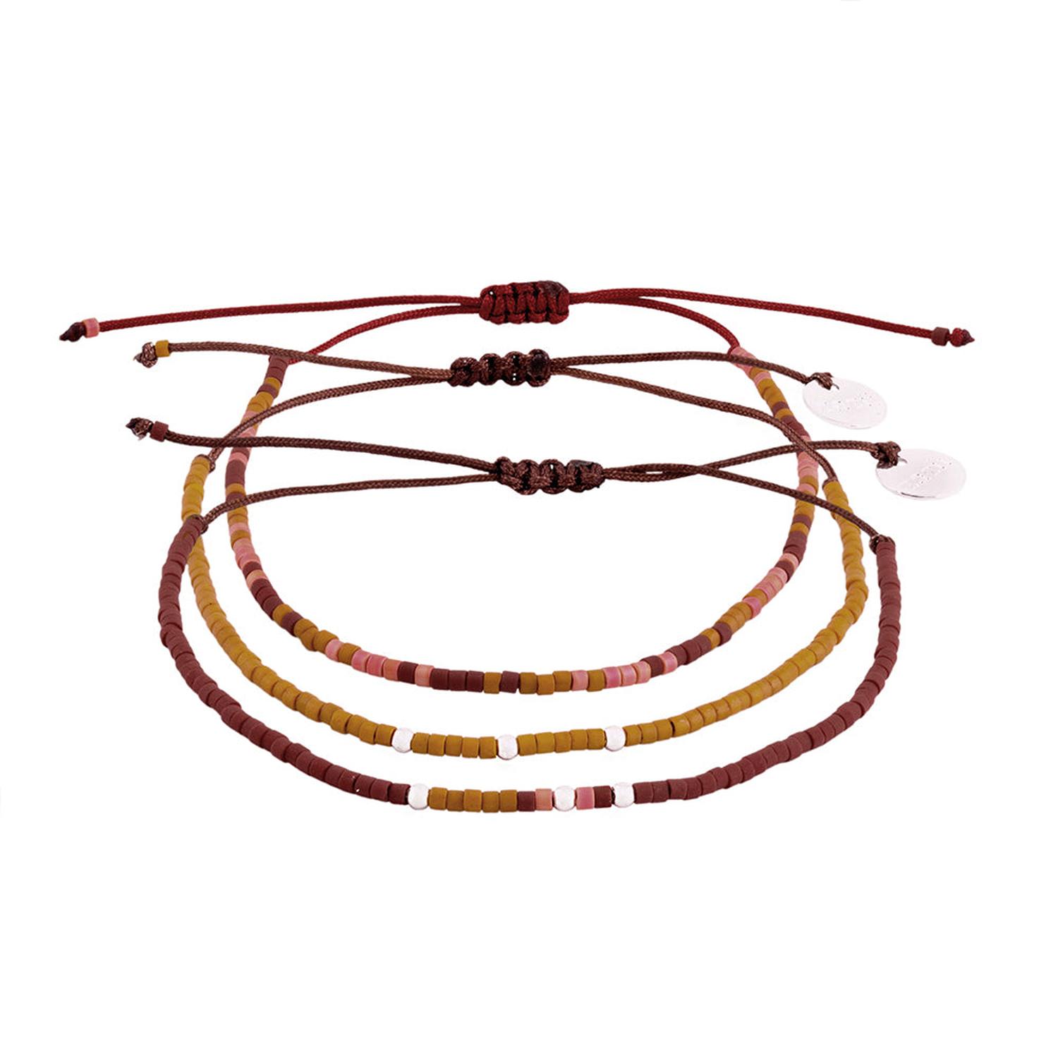 Zazü - Pack Pulseras Mostaza, Café Y Terracota Con Mostacillas De Plata Multicolor Talla Única