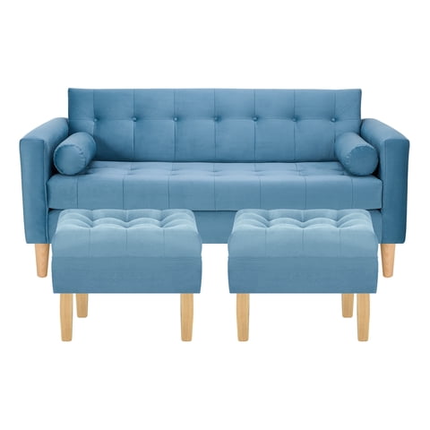 Bodevir - Sofa Retro 3C + 2 Pouf Felpa 05 Azul Petroleo