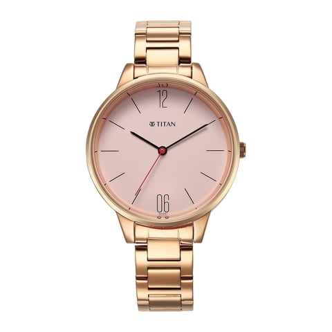Reloj Titan Para Mujer, Analógico, De Acero Inoxidable, Esfera Dorada, Correa Roja