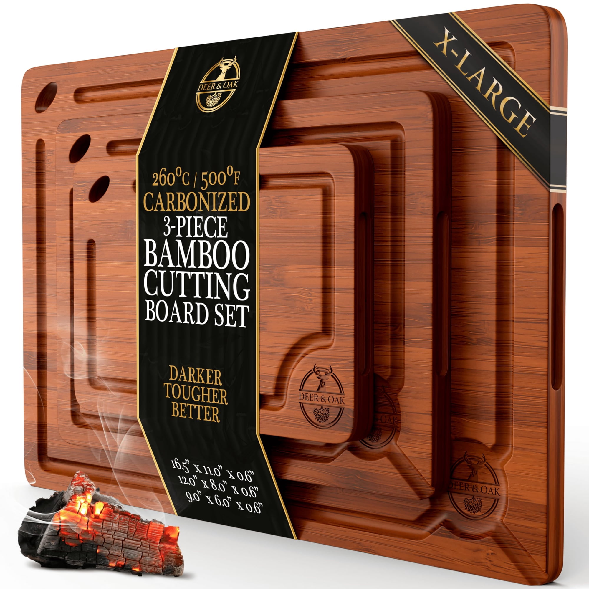 Deer & Oak - Juego De Tablas De Cortar De Bambú Carbonizado Con Forma De Ciervo Y Roble, 3 Piezas