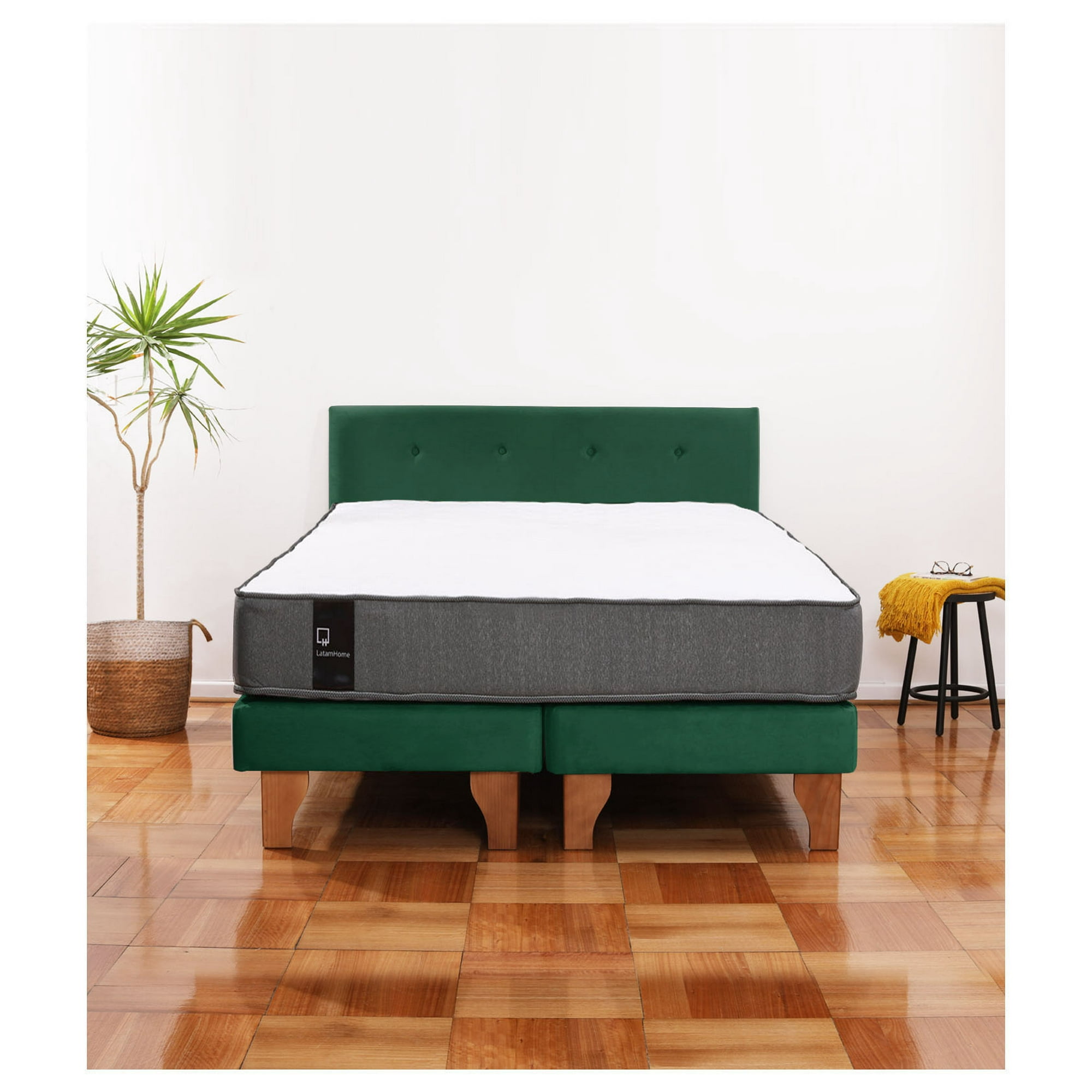 Latam Home - Cama Europea Zen Best 2 Plazas Colchon Resortes Base Dividida + Respaldo Tela Verde