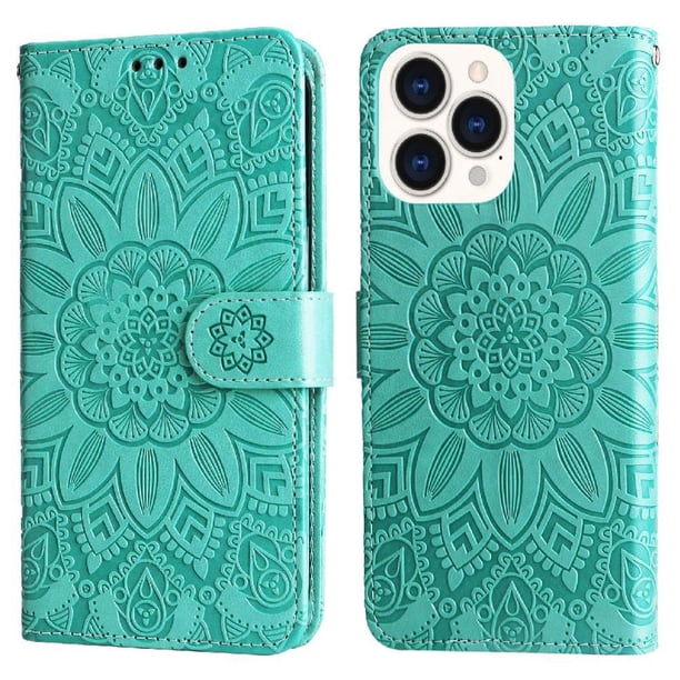 Funda tipo cartera FOXDOCK para iPhone 14 Pro Max , diseño girasol en relieve, cuero PU, cierre magnético, soporte y tarjetero