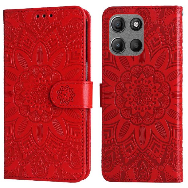 Funda tipo cartera FOXDOCK para Motorola Moto G15 , diseño girasol en relieve, cuero PU, cierre magnético, soporte y tarjetero