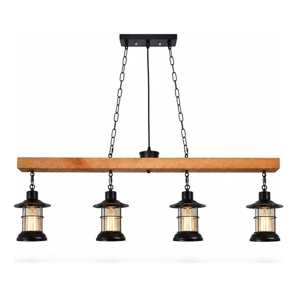 Lámpara Colgante Rústica Industrial Madera 4 Luces 120cm