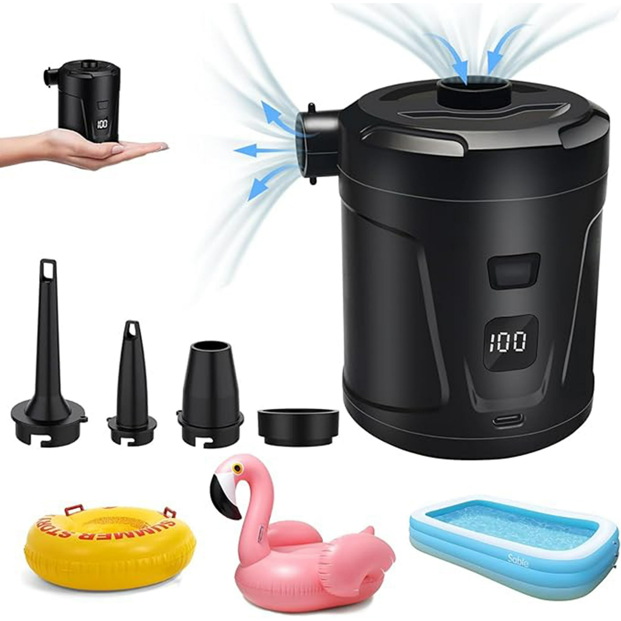 Veat00l - Bomba De Aire Eléctrica Para Inflables, 5200 Mah Portable Air Pump, Mini Bomba De Aire Con 4 Boquillas Y Visualización Led Para Anillo De Natación, Colchones De Aire Y Camping