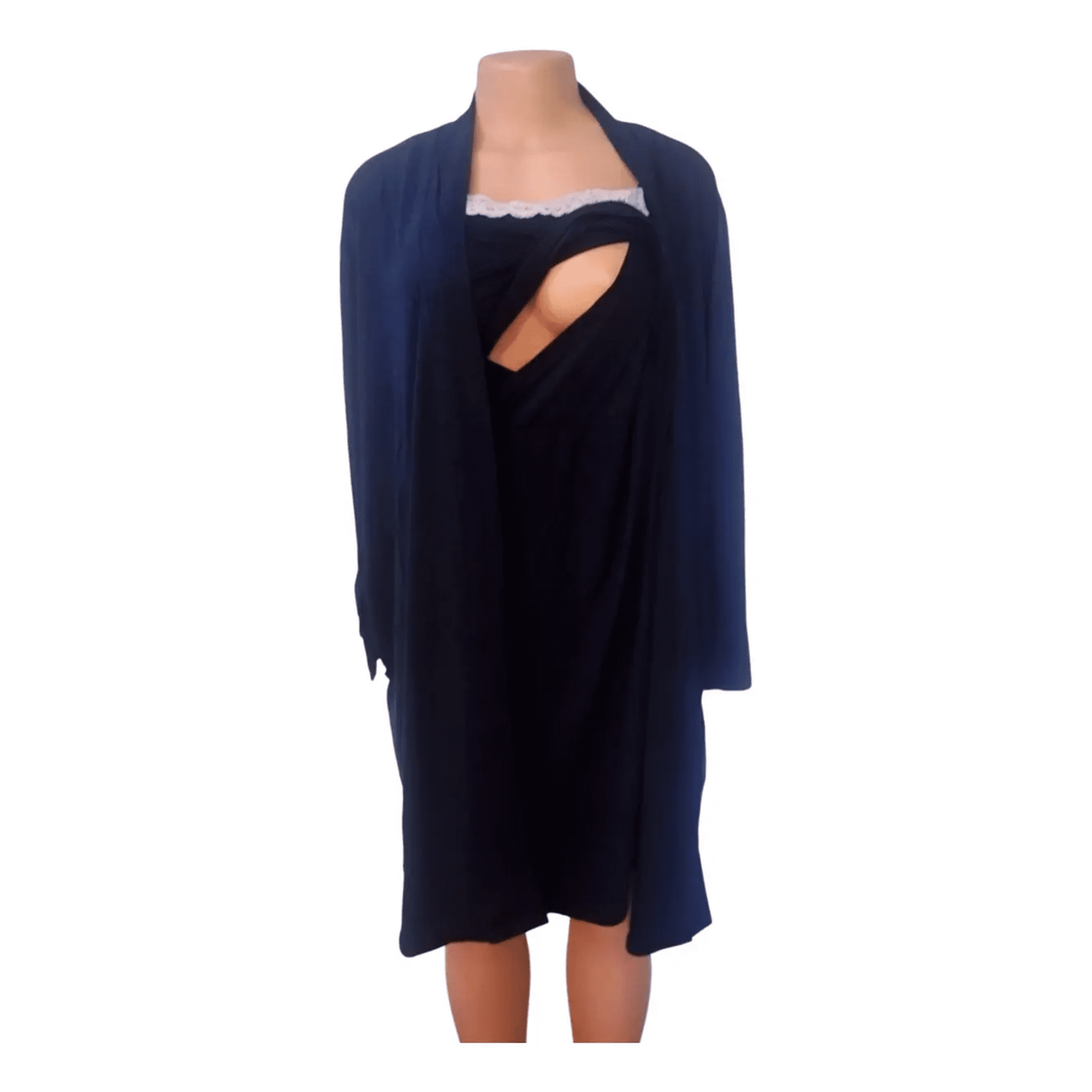Moda Íntima - Pijama Maternal Conjunto De Bata Y Camisón Azul Marino - Xxl