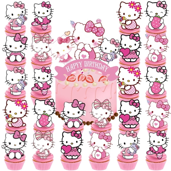 Set de adornos para magdalenas con diseño de Hello Pink Cat de Jlemon con adorno para tartas