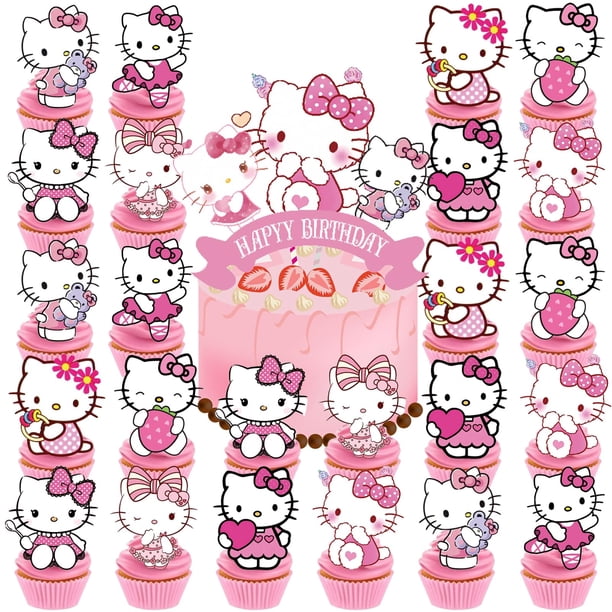 Set de adornos para magdalenas con diseño de Hello Pink Cat de Jlemon con adorno para tartas