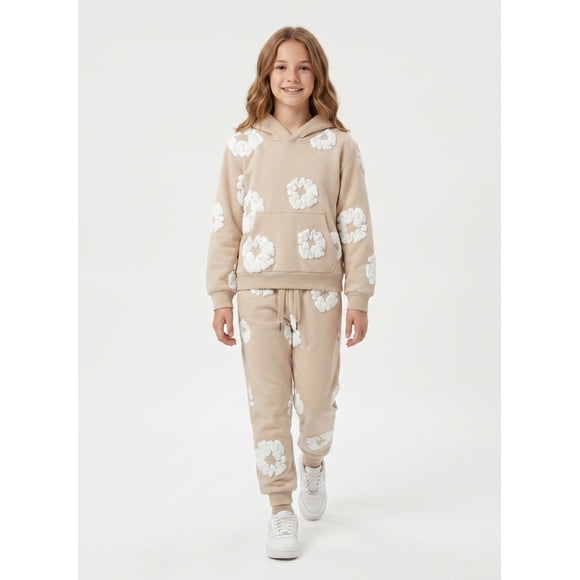 Conjunto Buzo Ni a Poleron Canguro Y Jogger Flores 3d