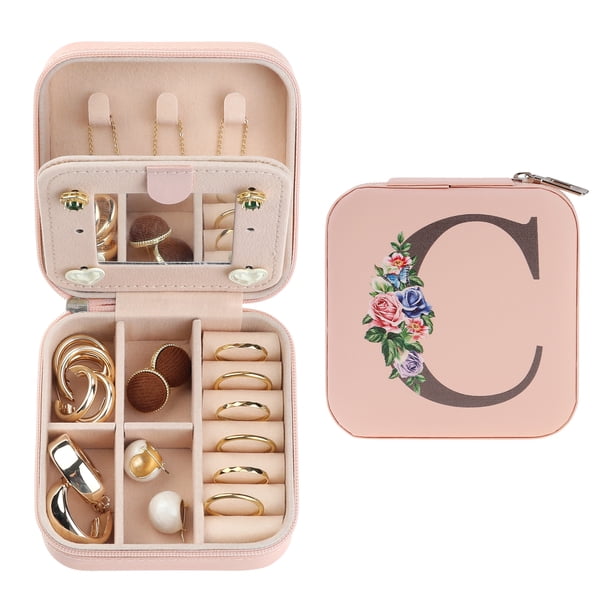 Caja de accesorios de viaje REGALWOVEN con espejo, mini organizador de accesorios portátil de cuero PU, estante de almacenamiento rosa C