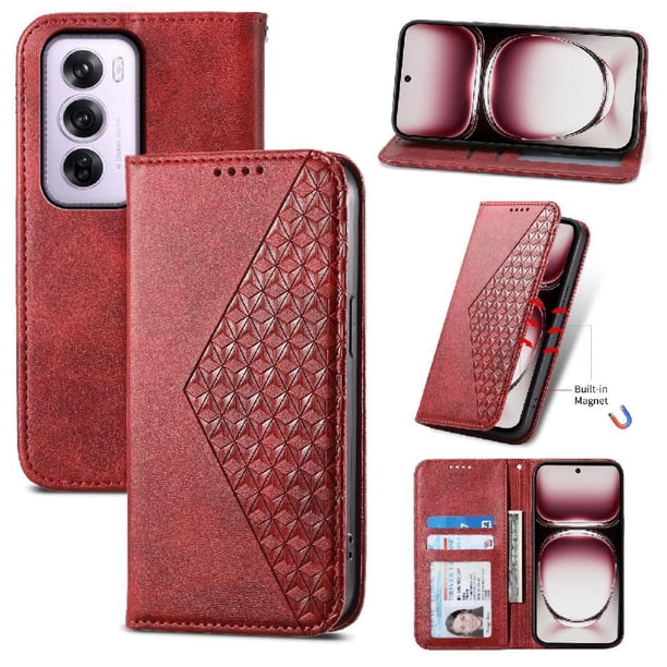 Funda Flip FOXDOCK para OPPO Reno 12 Pro 5G , Estilo Billetera con Diseño Rombo, Correa de Mano y Soporte, Uso Diario