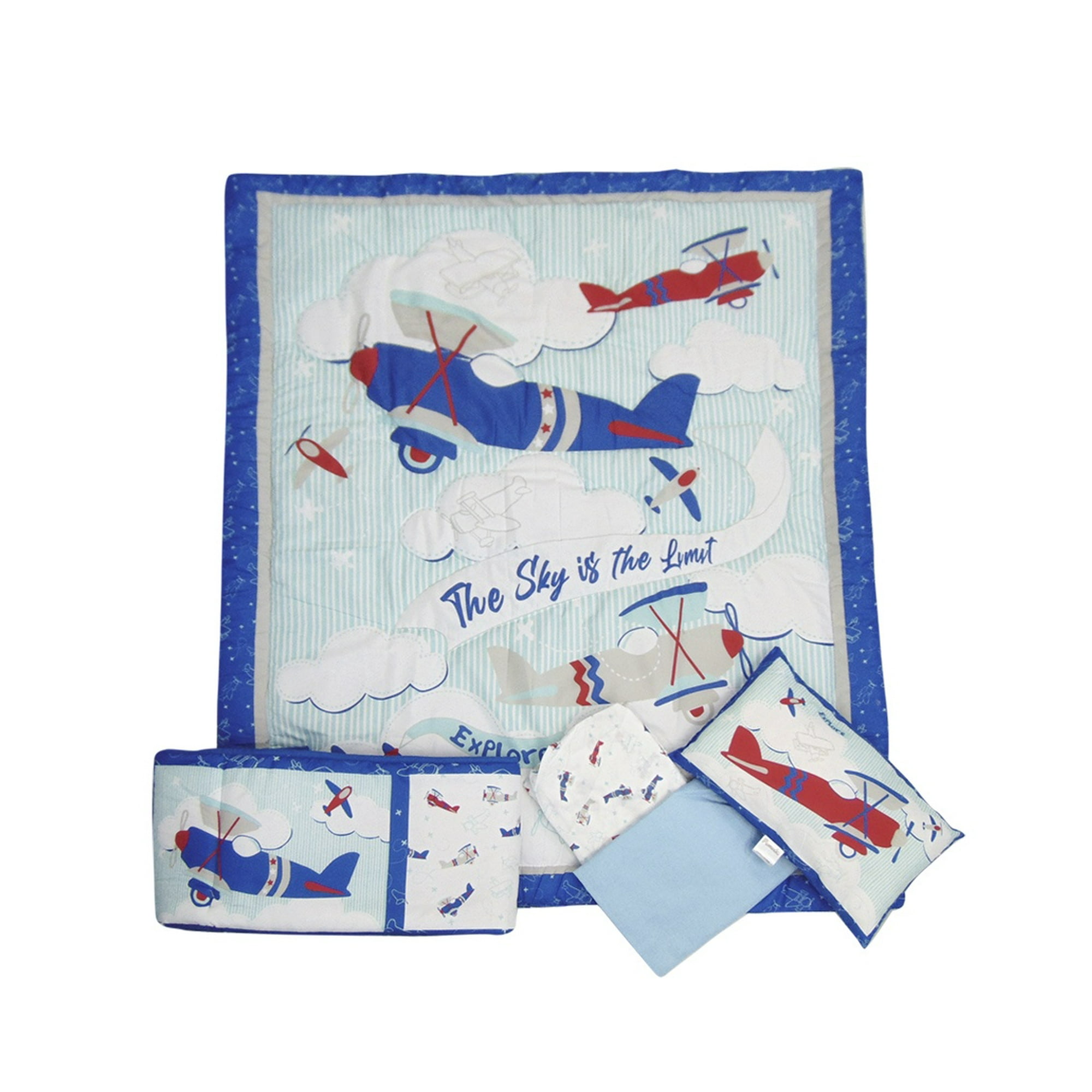 Pumucki - Ajuar De Cuna, 5 Piezas, Diseño Aviones, Color Azul