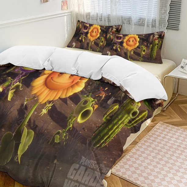 Plants Vs Zombies Quilt Set Thicken Soft 3 Pieces Bedding Set All Season Duvet Cove with 2 Pillowcases for Adult Women Girls Teens Home Room Decor