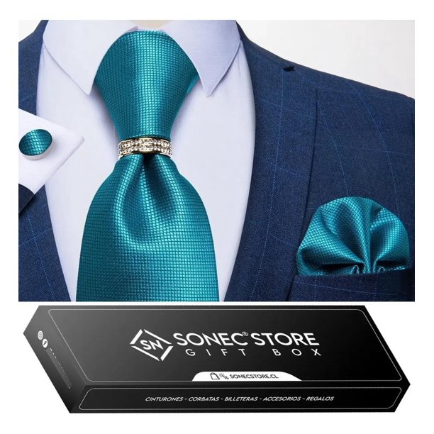 Corbata Hombre Seda En Caja + Anillo Dorado, Paño Y Colleras turquesa Talla Única