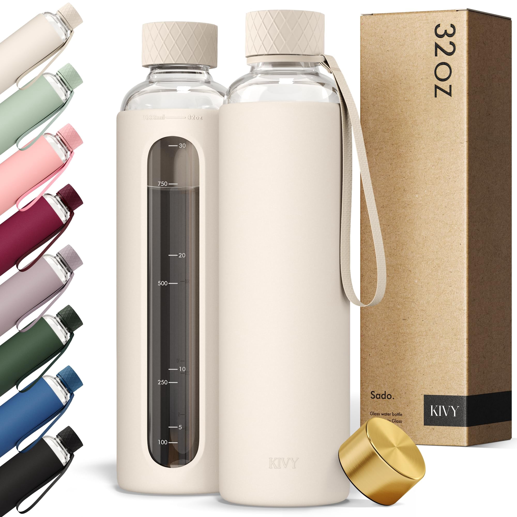 Botella De Agua Kivy Glass De 950 Ml Con Funda De Silicona, Color Blanco Crema