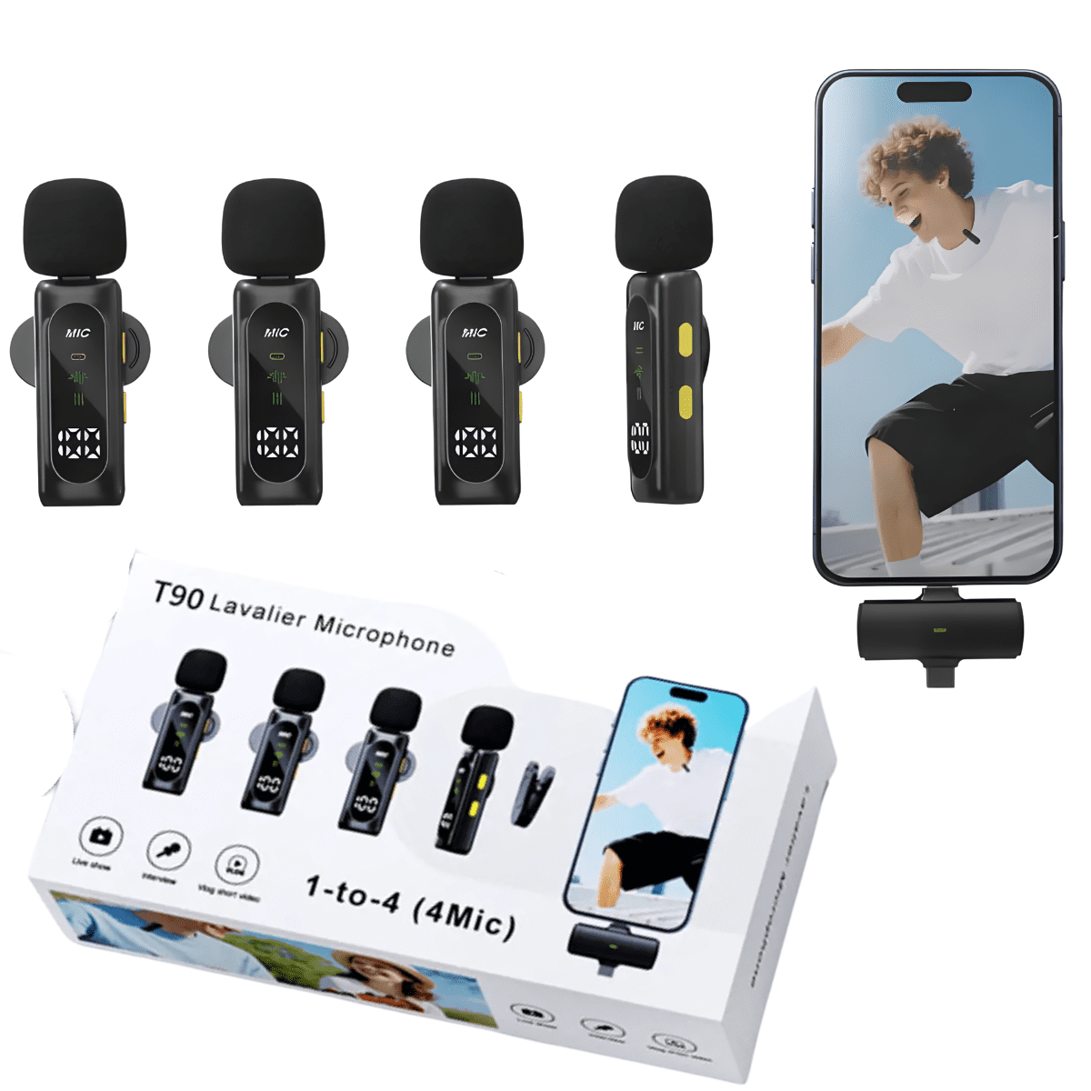 Genérico - Pack 4 Micrófonos Lavallier Inalámbrico T90 Vlogs Usbc