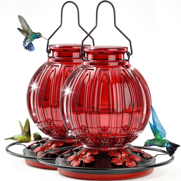 Comedero para colibríes de vidrio Grete Gotye 750 mL, paquete de 2, rojo