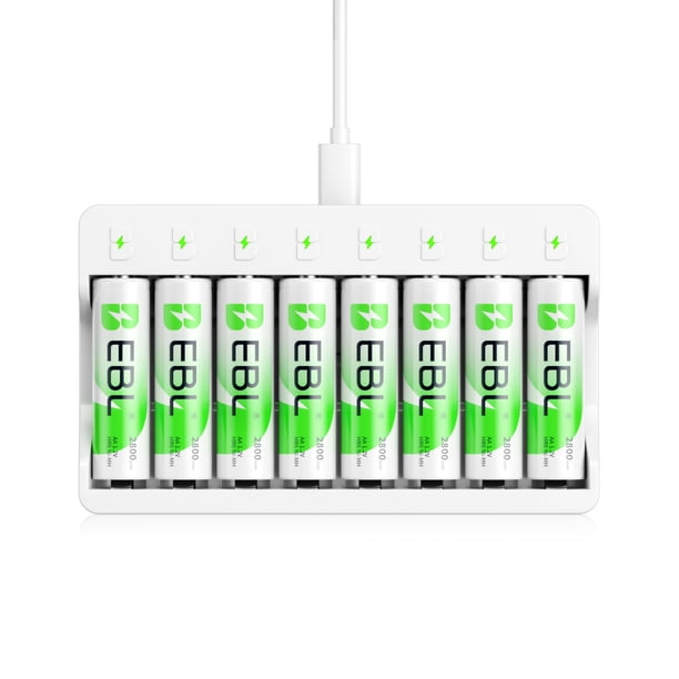 Baterías recargables EBL 2800 mAh AA, paquete de 8 unidades y cargador de 8 compartimentos