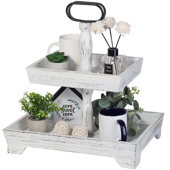 Bandeja Eufrozy de 2 niveles Madera Blanca 36x26 cm Estilo Granja