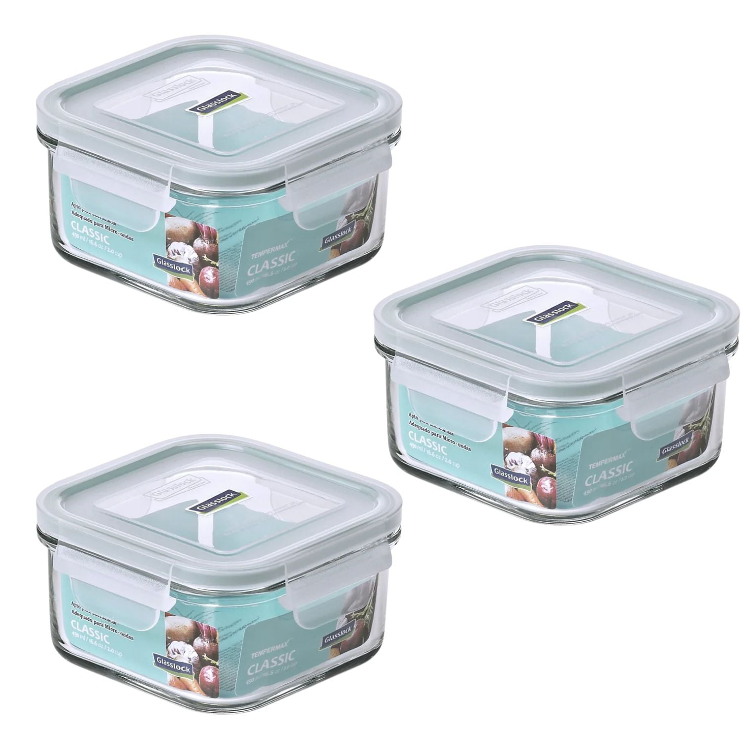Pack 3 Contenedores Vidrio Hermetico Cuad 490ml Glasslock