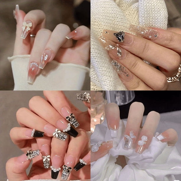 4 Packs (96 Pcs) Shining Press On Nails, Heart Shape Rhinestone 3D Camellia Pearl Butterfly With Exquisite Design Acrylic Nails, Mixed Pink Fake Nails Medium Ballet Glue On Nails Set For Women