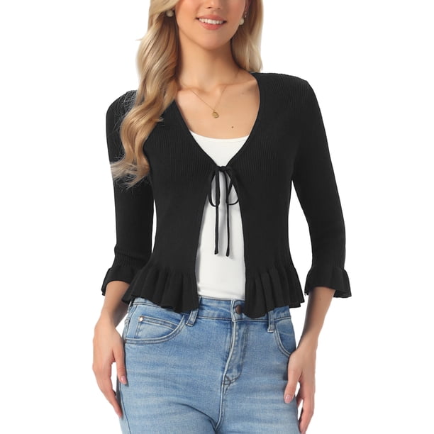 INSPIRE CHIC Cárdigans para Mujeres de Moda con Volantes Manga Larga Suéter de Punto Abierto Chaqueta Exterior XL Negro