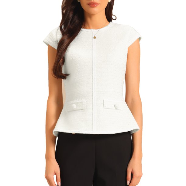 INSPIRE CHIC Blusa Elegante de Tweed para Mujer con Cuello Redondo y Manga Corta para Oficina y Negocios, Peplum, Talla L, Beige