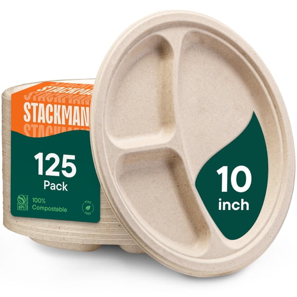 Platos de papel desechables Stack Man con 3 compartimentos, 10 pulgadas, 125 unidades