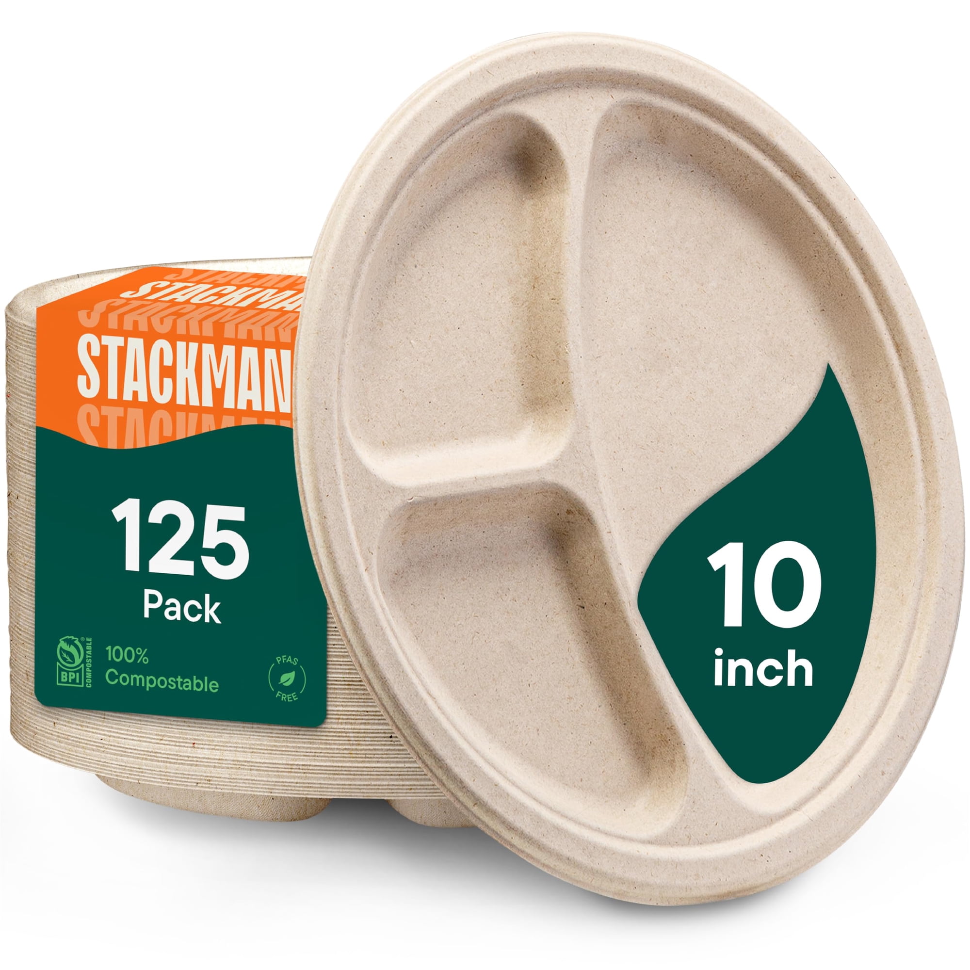 Platos De Papel Desechables Stack Man Con 3 Compartimentos, 10 Pulgadas, 125 Unidades