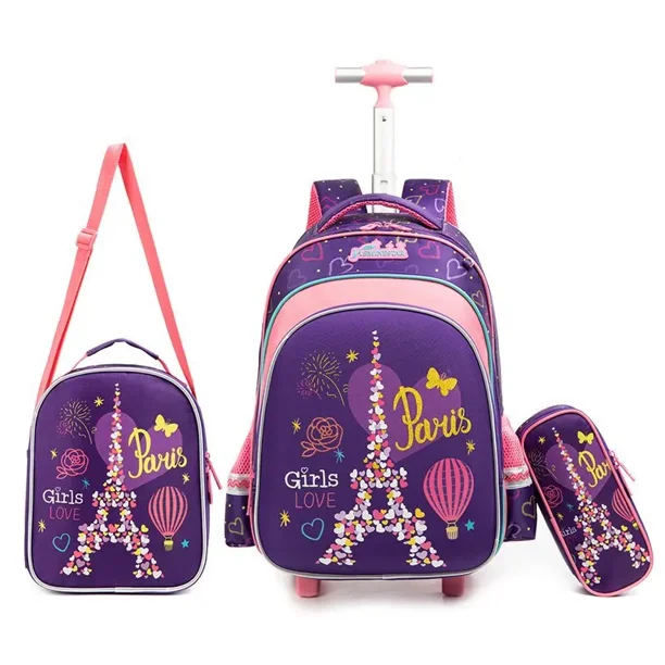 Children's Wheeled Backpack Girls School Backpack Rolling Luggage Backpack Boys School Trolley Bag Set Lunch Bag and Pencil Case