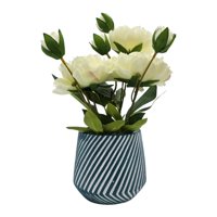 Fliperex - Planta Artificial Macetero A Rayas Con Rosas Decorativas Blanco