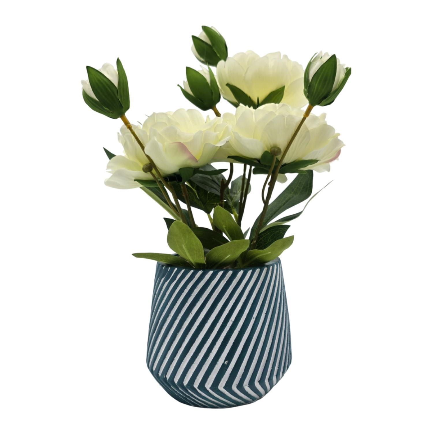 Fliperex - Planta Artificial Macetero A Rayas Con Rosas Decorativas Blanco