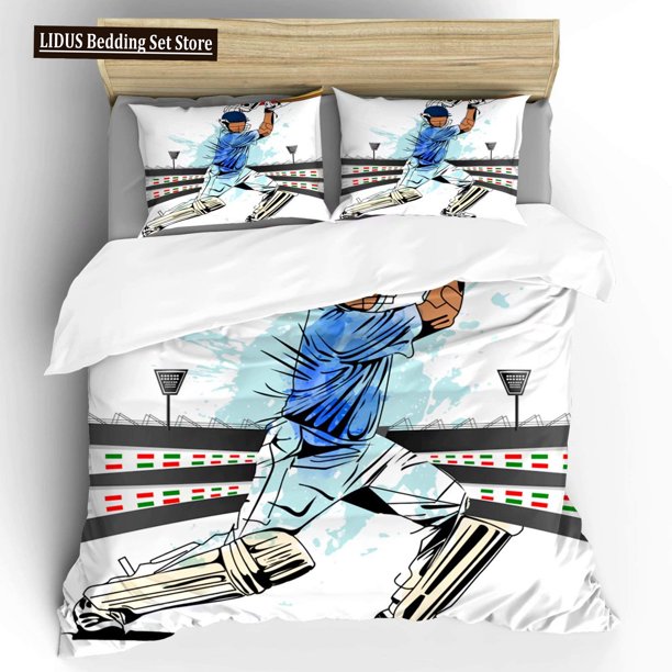 v1355 Bed Sheets Cricket Duvet Cover Abstract Sports Pattern Theme Bedding Player Playing Game Of Cricket For Bedroom Decoration For Men Adults 3-Piece Bedding Set (1 Duvet Cover + 2 Pillow Shams) Bed