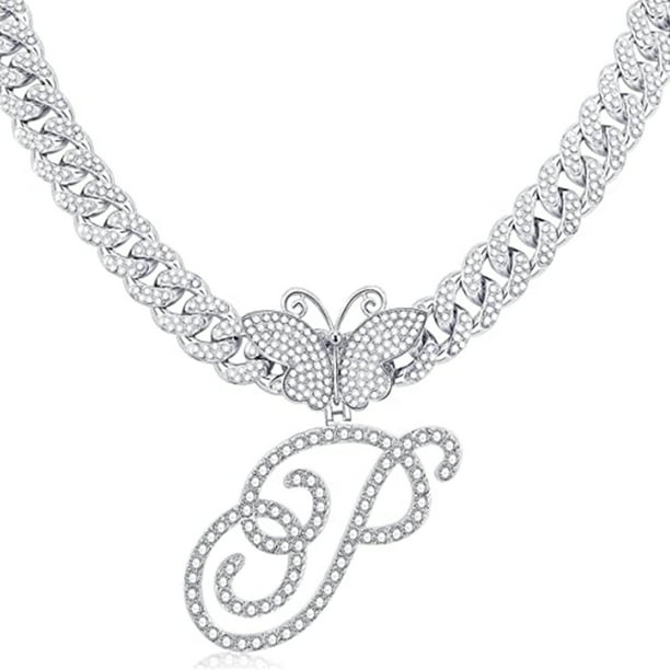 Stylish Hip Hop Cuban Butterfly Necklace with White Letter Initials