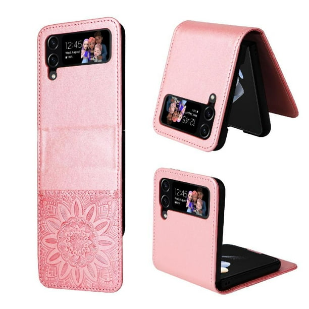 Funda tipo cartera FOXDOCK para Samsung Galaxy Z Flip 4 , diseño girasol en relieve, cuero PU, cierre magnético, soporte y tarjetero
