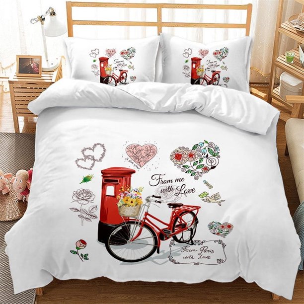 v817 Bed Sheets Girls Teen Romantic Bedding Set King Paris Eiffel Tower Duvet Cover Microfiber British Style Love Heart Cartoon Comforter Cover 3-Piece Bedding Set (1 Duvet Cover + 2 Pillow Shams) Bed