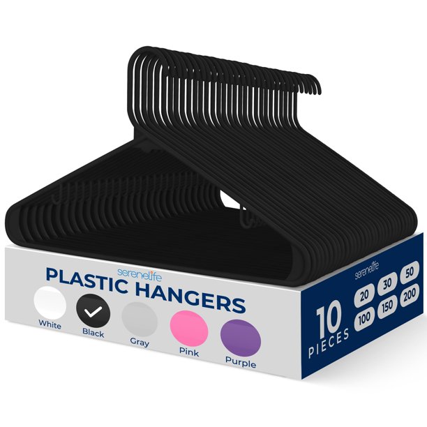Perchas de plástico SereneLife Premium, paquete de 10 unidades, para ropa, color negro