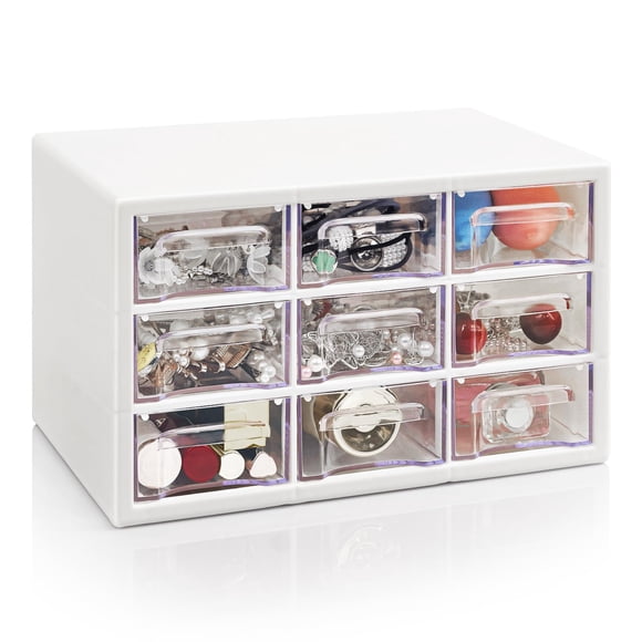 Organizador de escritorio apilable FODIENS de 9 cajones, blanco y transparente
