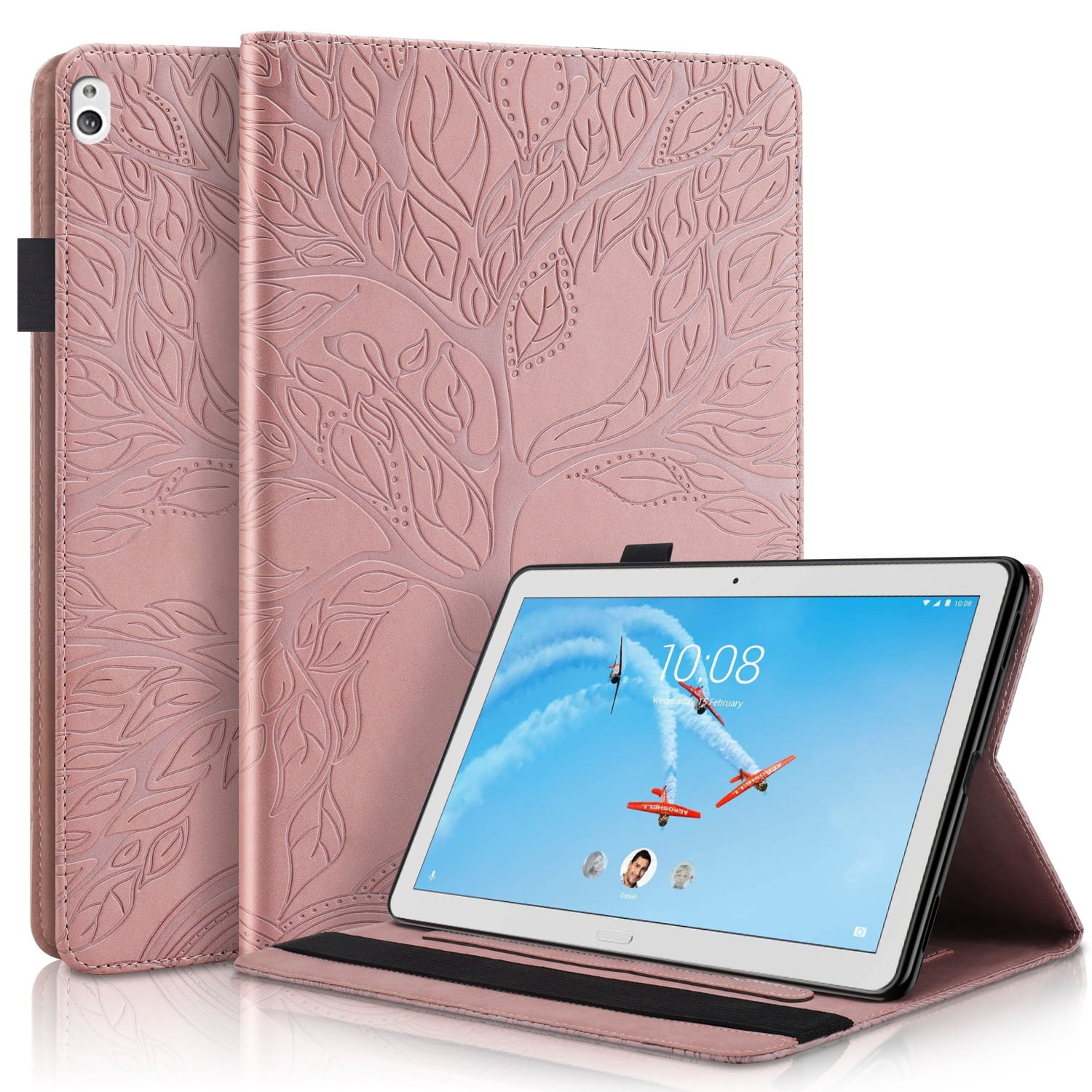 Foxdock - Funda Con Relieve Del Árbol De La Vida Para Tablet Lenovo Tab M10 Con Soporte, Ranuras Para Tarjetas Y Soporte Para Lápiz Óptico. Oro