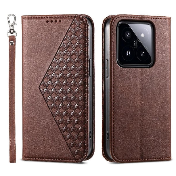 Funda Flip FOXDOCK para Xiaomi 14 Pro , Estilo Billetera con Diseño Rombo, Correa de Mano y Soporte, Uso Diario