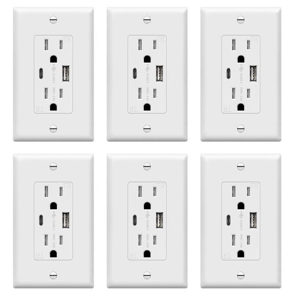 Enchufe USB TOPGREENER tipo C y tipo A, 15 A, 125 VAC, blanco, paquete de 6