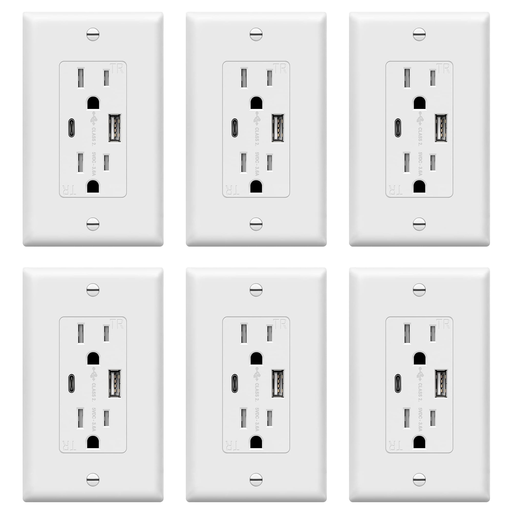 Top Greener - Enchufe Usb Topgreener Tipo C Y Tipo A, 15 A, 125 Vac, Blanco, Paquete De 6