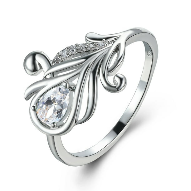 Peacock Tail Ring Inlaid Teardrop Cut Rainbow Zircon Elegant Promise Finger Ring