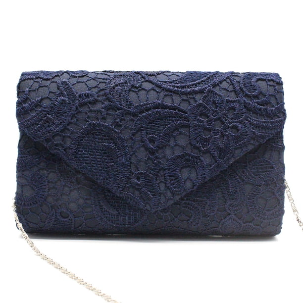 Elegante bolso de mano tipo sobre con encaje floral para mujer, ideal para graduación o boda.