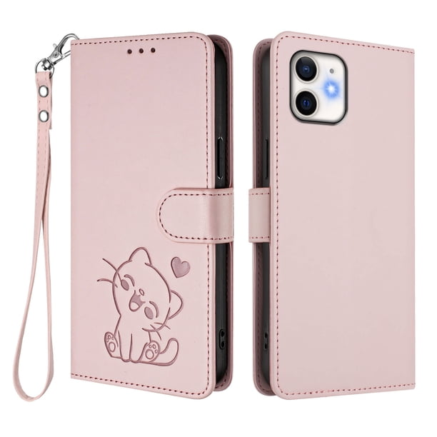 iPhone 12/12 Pro Funda Billetera con Estampado de Gato, Rosa