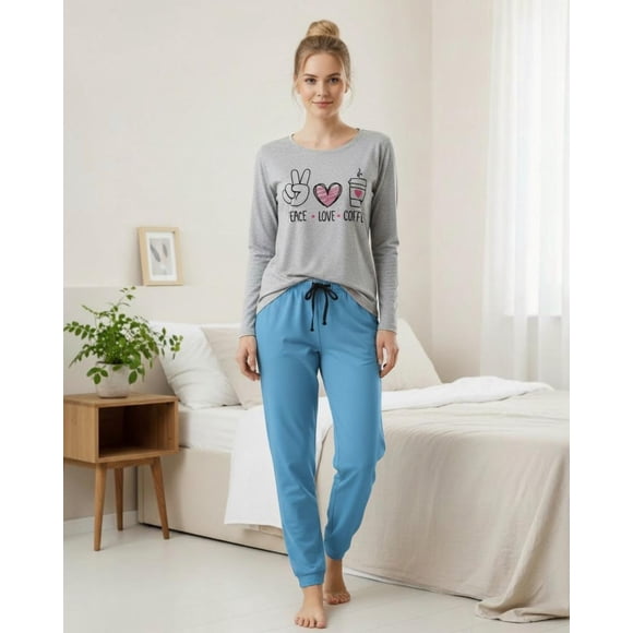 Pijama Mujer Algodón Peace Love Coffee Gris multicolor L