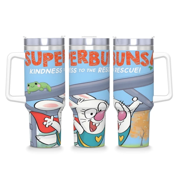 Superbuns Vaso aislado de acero inoxidable con asa, diseño temático, regalo para familia, amigos y fans; incluye pajita y encaja en el portavasos estándar, 40 oz