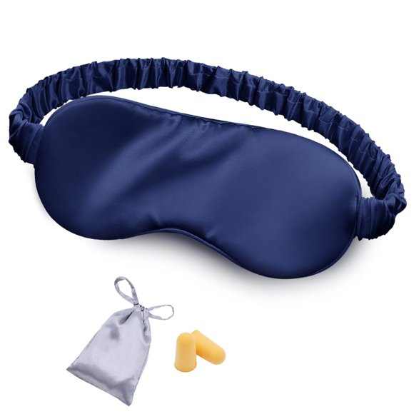 Máscara de dormir de seda OLESILK azul marino con bolsa y tapones para los oídos