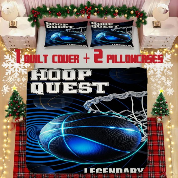 HoopQuest Glow-in-the-Dark Basketball Soft Printed Bedding Set Polyester Fabric Zipper Closure Machine Washable
